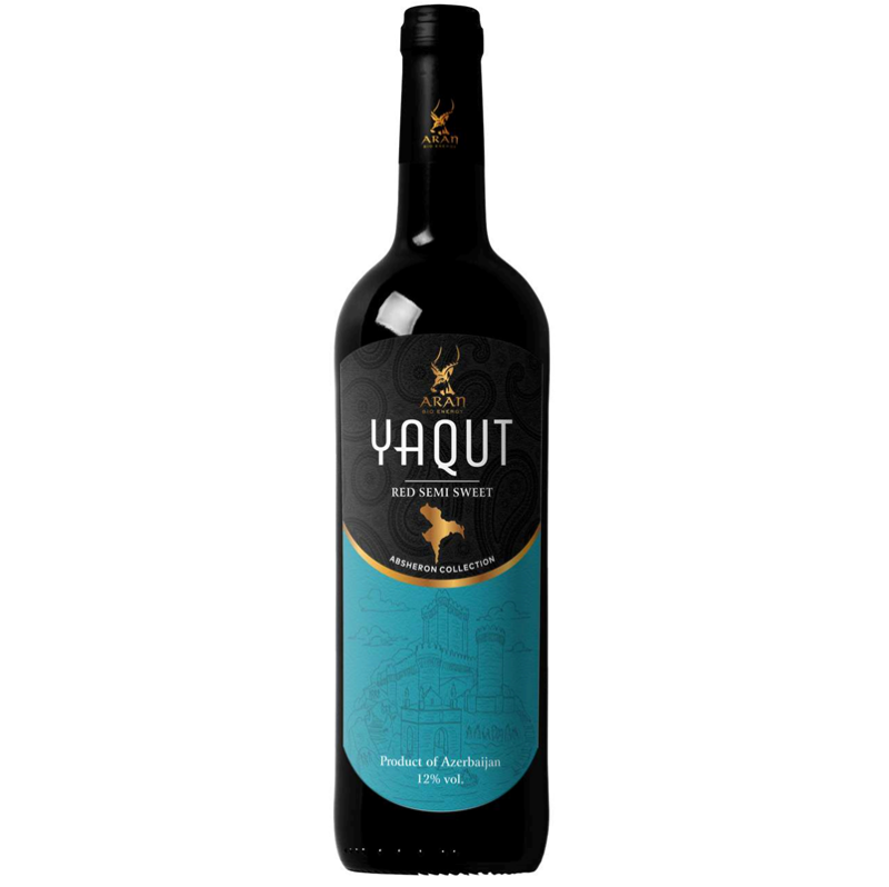 Butelka wina Yaqut Saperavi i Cabernet Sauvignon Semi Sweet Wine – półsłodkie czerwone wino o intensywnym rubinowym kolorze, z nutami ciemnych owoców i aksamitną strukturą